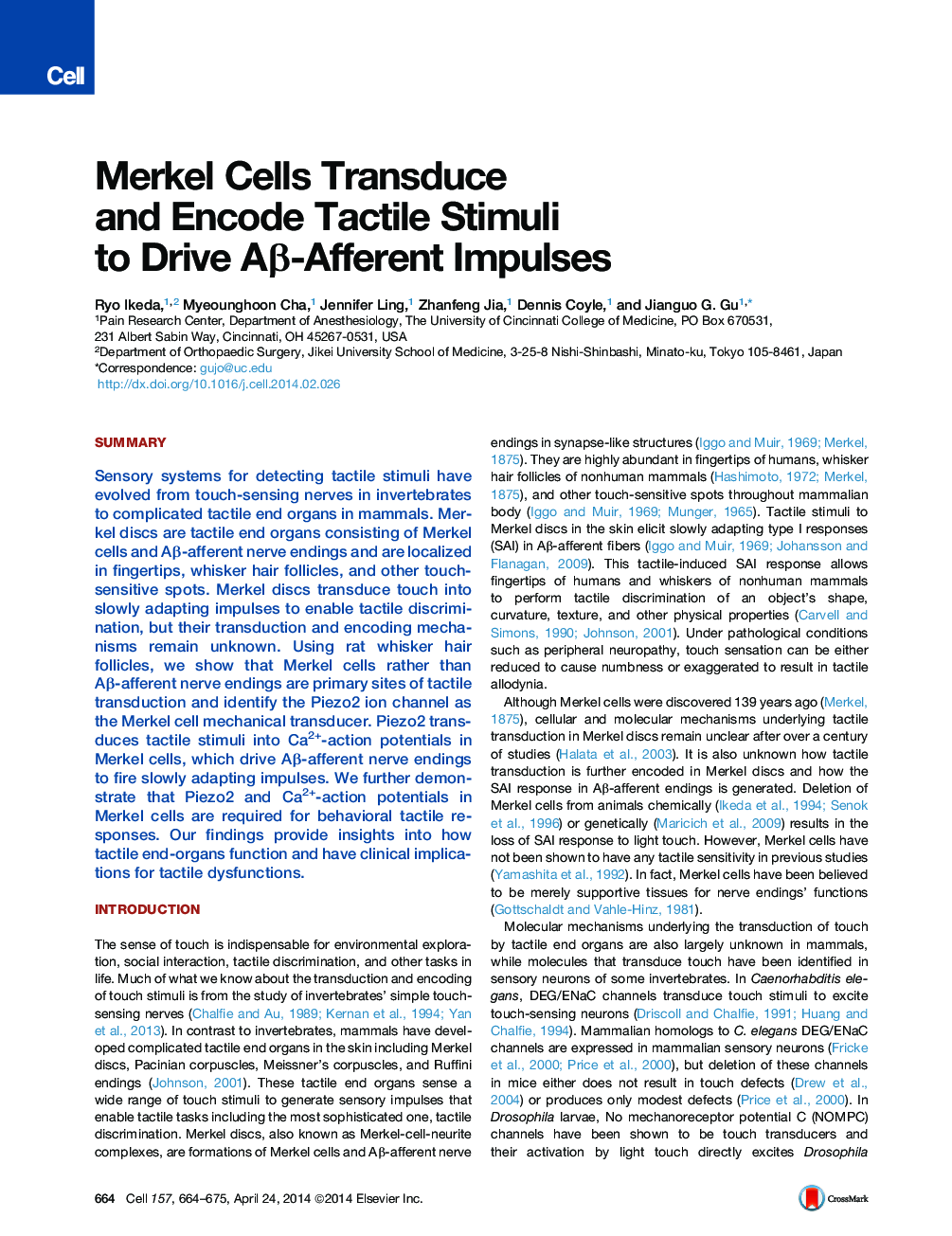 عکس صفحه اول مقاله: Merkel Cells Transduce and Encode Tactile Stimuli to Drive Aβ-Afferent Impulses Merkel Cells Transduce and Encode Tactile Stimuli to Drive Aβ-Afferent Impulses