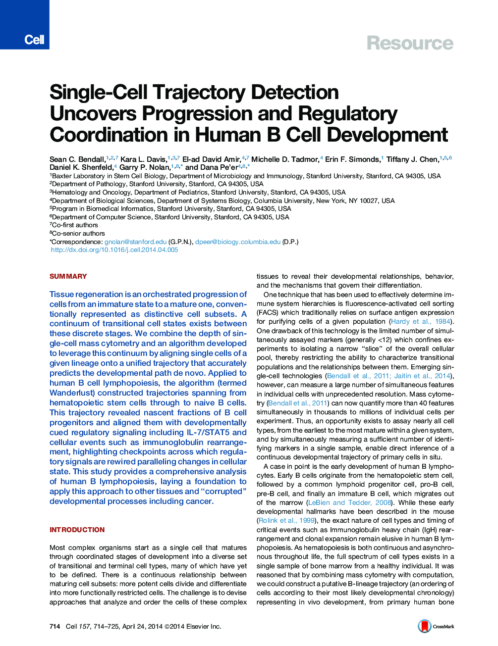 عکس صفحه اول مقاله: Single-Cell Trajectory Detection Uncovers Progression and Regulatory Coordination in Human B Cell Development Single-Cell Trajectory Detection Uncovers Progression and Regulatory Coordination in Human B Cell Development