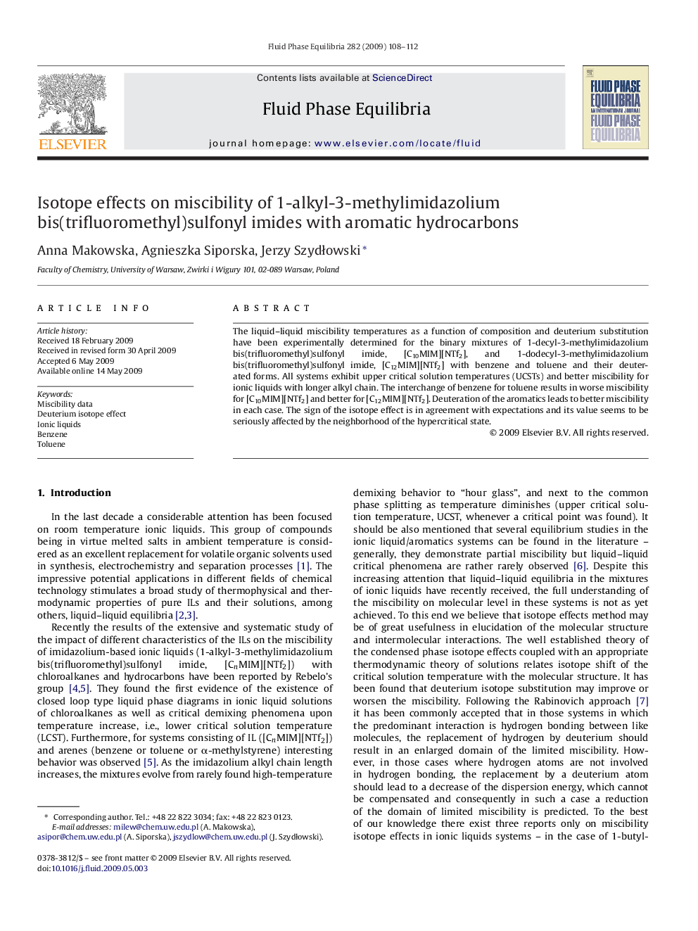 Isotope effects on miscibility of 1-alkyl-3-methylimidazolium bis(trifluoromethyl)sulfonyl imides with aromatic hydrocarbons