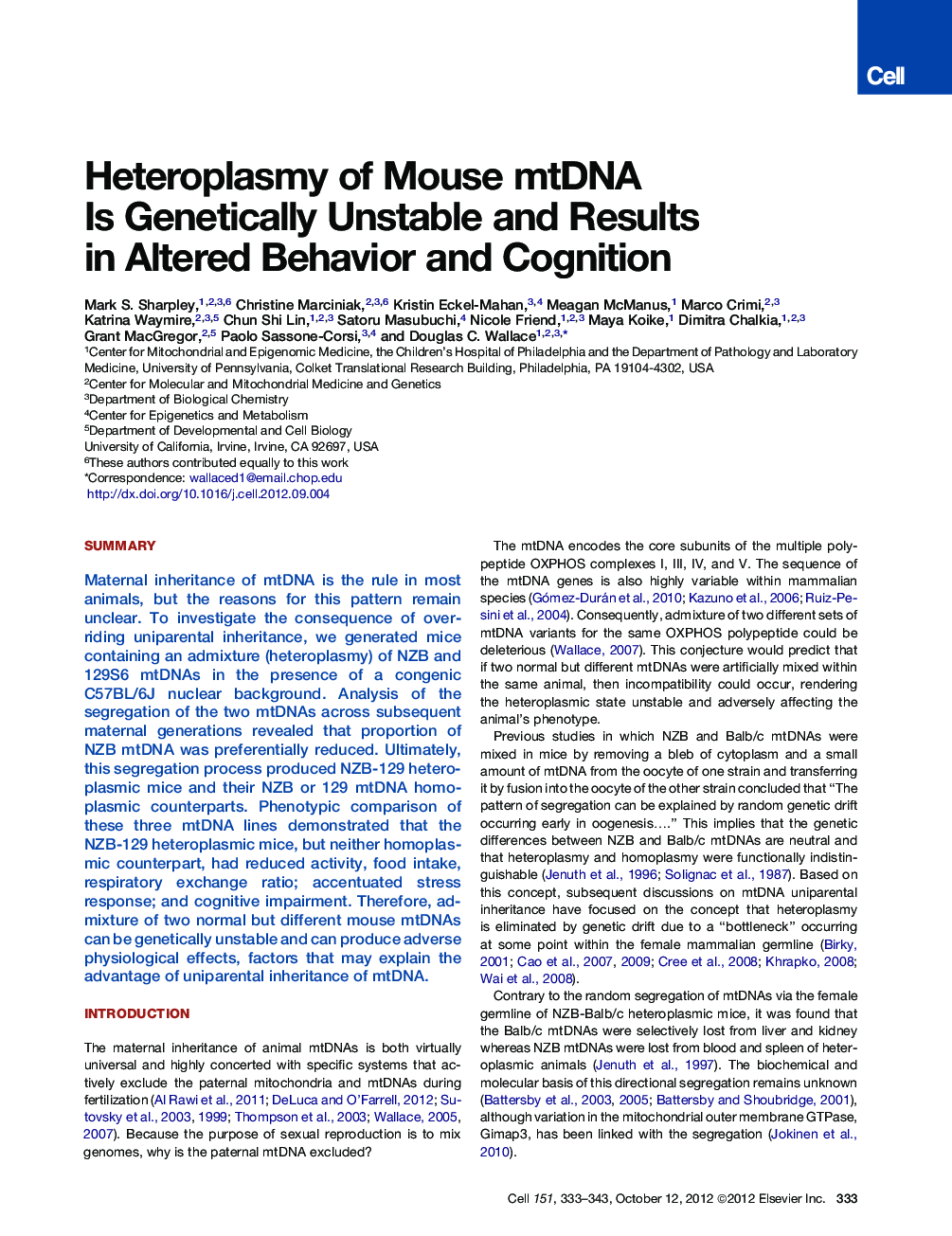 Heteroplasmy of Mouse mtDNA Is Genetically Unstable and Results in Altered Behavior and Cognition