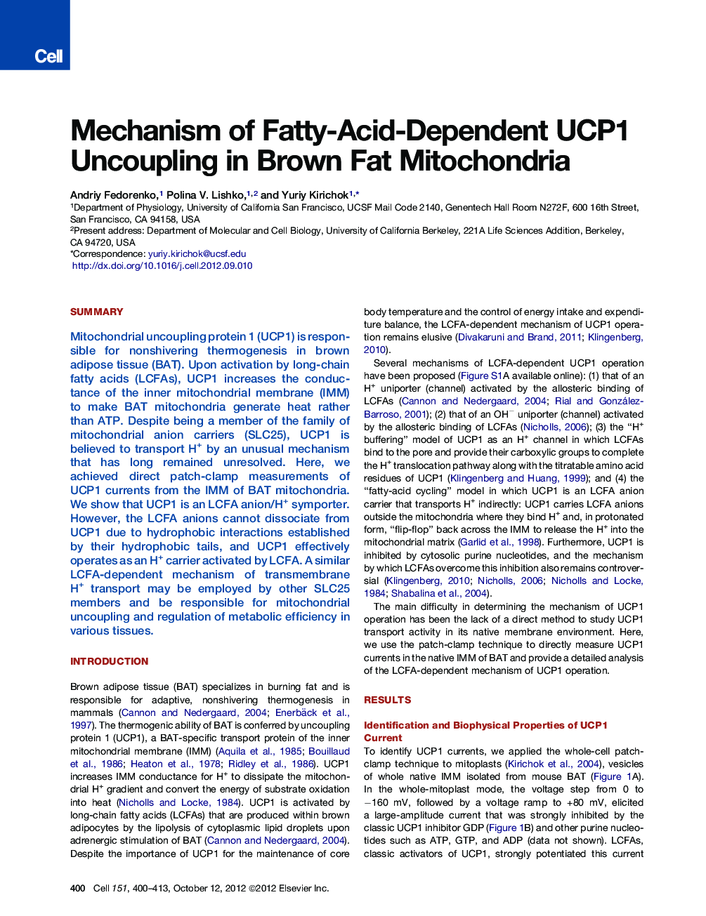 Mechanism of Fatty-Acid-Dependent UCP1 Uncoupling in Brown Fat Mitochondria
