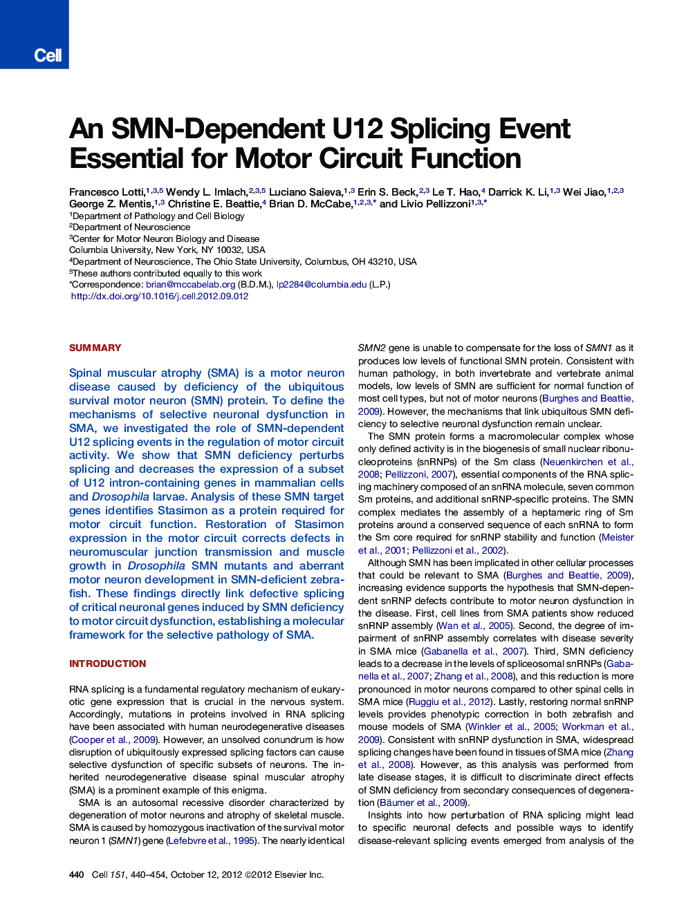 An SMN-Dependent U12 Splicing Event Essential for Motor Circuit Function