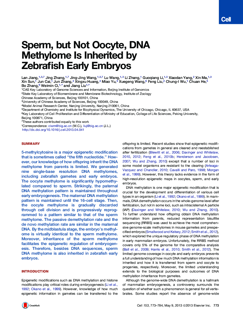 Sperm, but Not Oocyte, DNA Methylome Is Inherited by Zebrafish Early Embryos