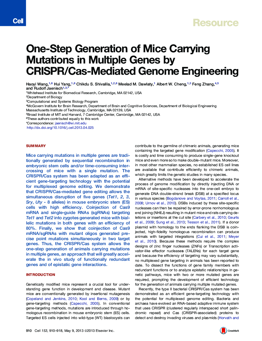 One-Step Generation of Mice Carrying Mutations in Multiple Genes by CRISPR/Cas-Mediated Genome Engineering