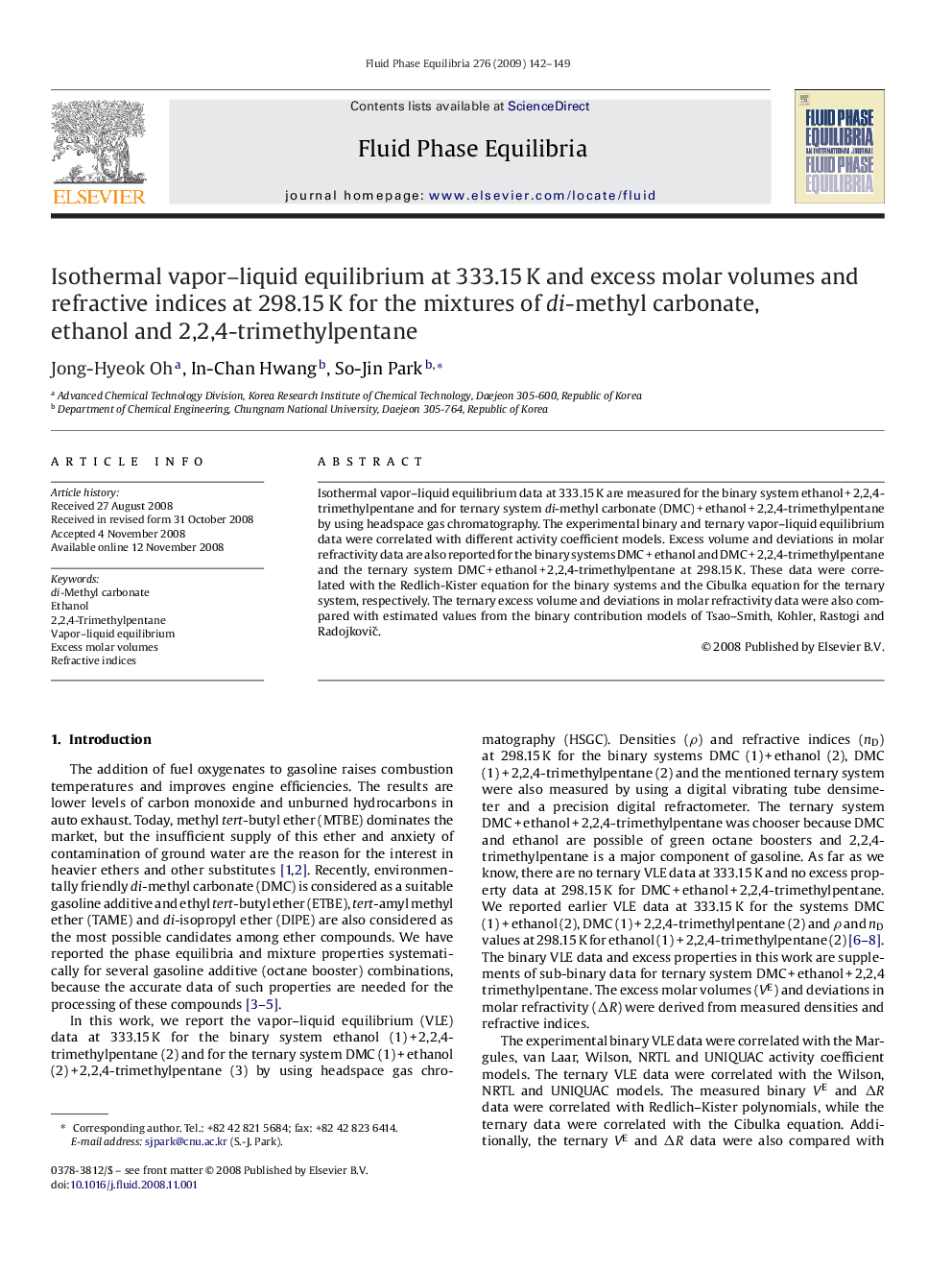 Isothermal vapor–liquid equilibrium at 333.15 K and excess molar volumes and refractive indices at 298.15 K for the mixtures of di-methyl carbonate, ethanol and 2,2,4-trimethylpentane