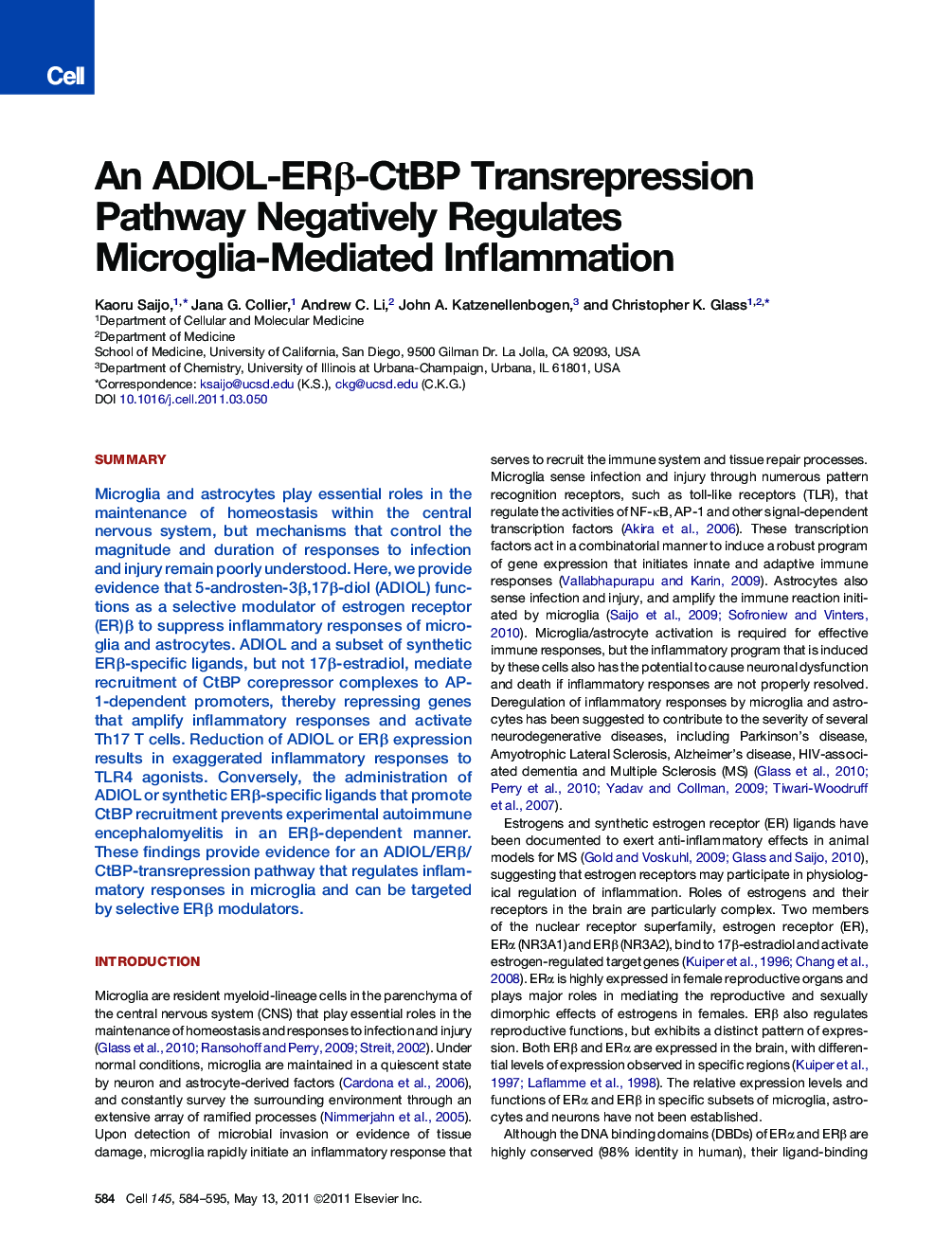 An ADIOL-ERβ-CtBP Transrepression Pathway Negatively Regulates Microglia-Mediated Inflammation