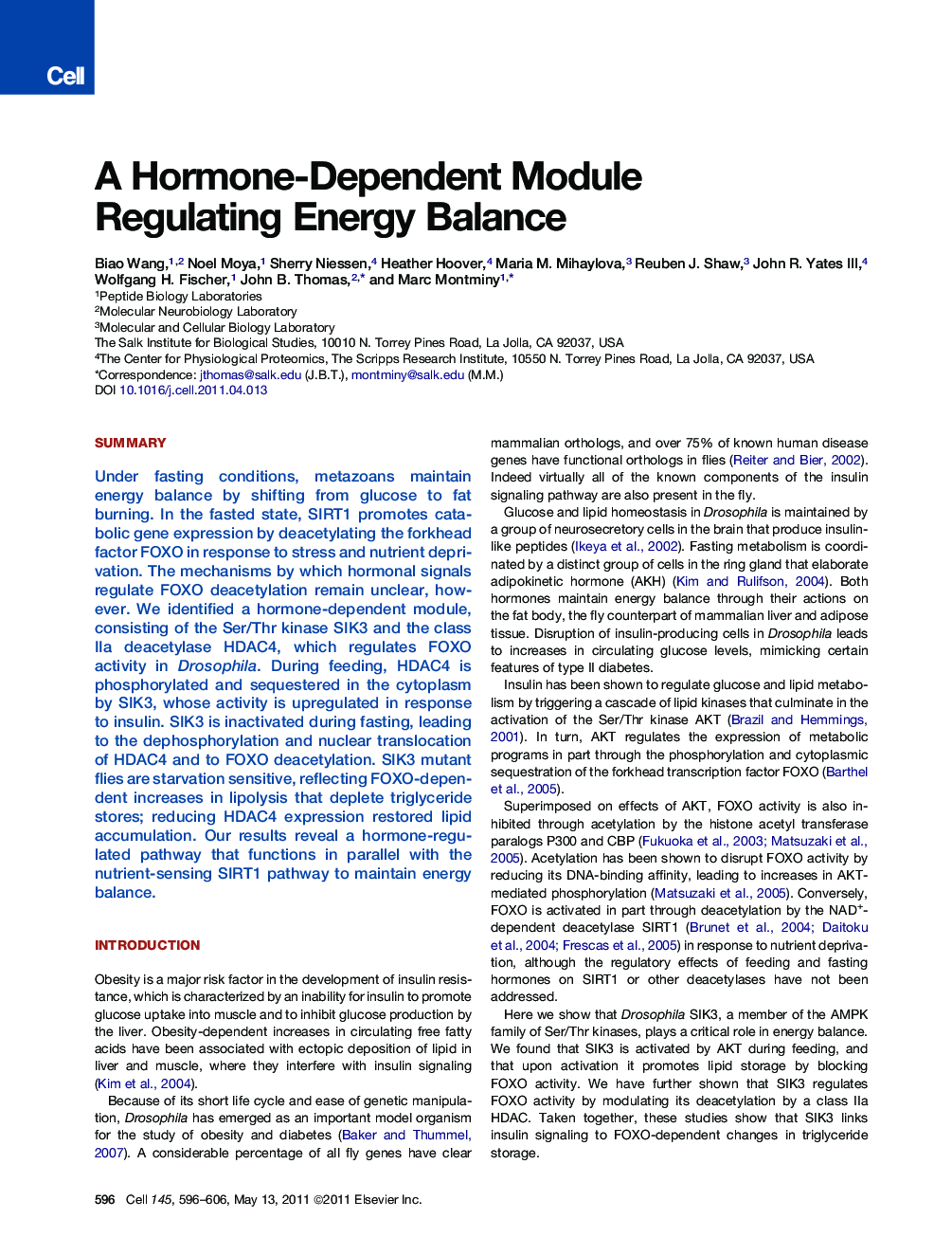 A Hormone-Dependent Module Regulating Energy Balance