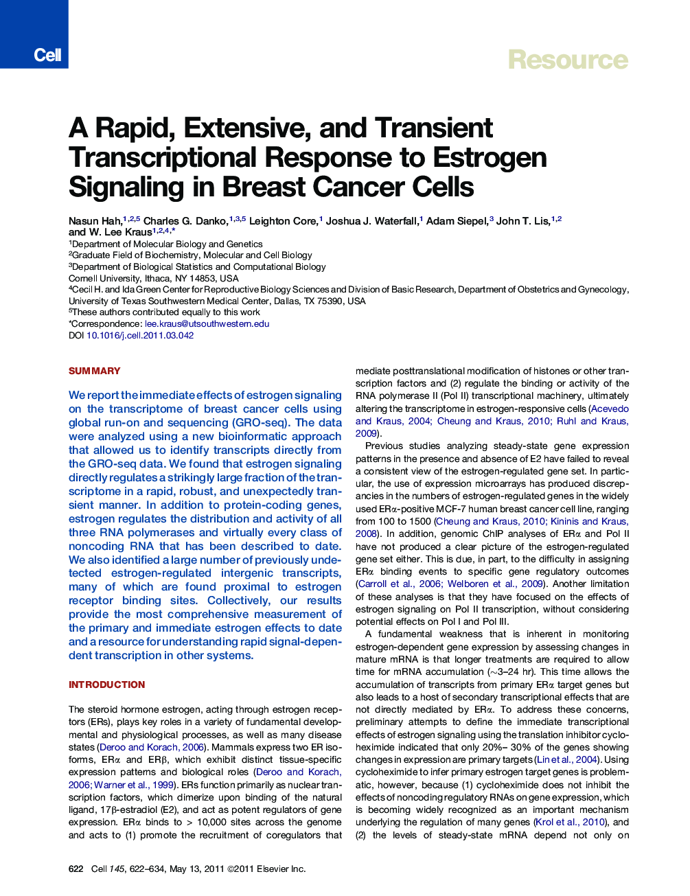 A Rapid, Extensive, and Transient Transcriptional Response to Estrogen Signaling in Breast Cancer Cells