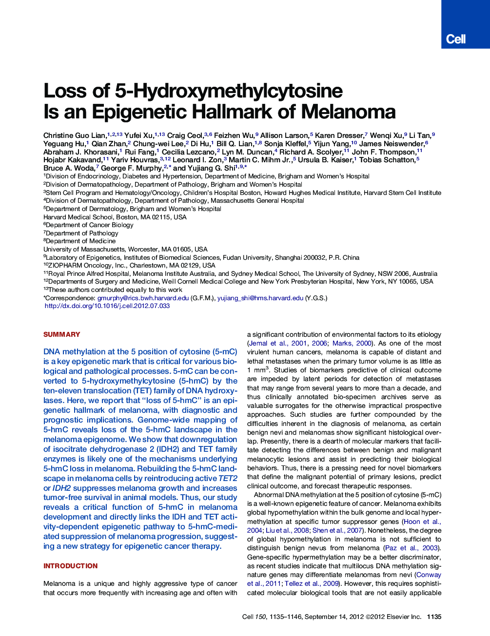 Loss of 5-Hydroxymethylcytosine Is an Epigenetic Hallmark of Melanoma