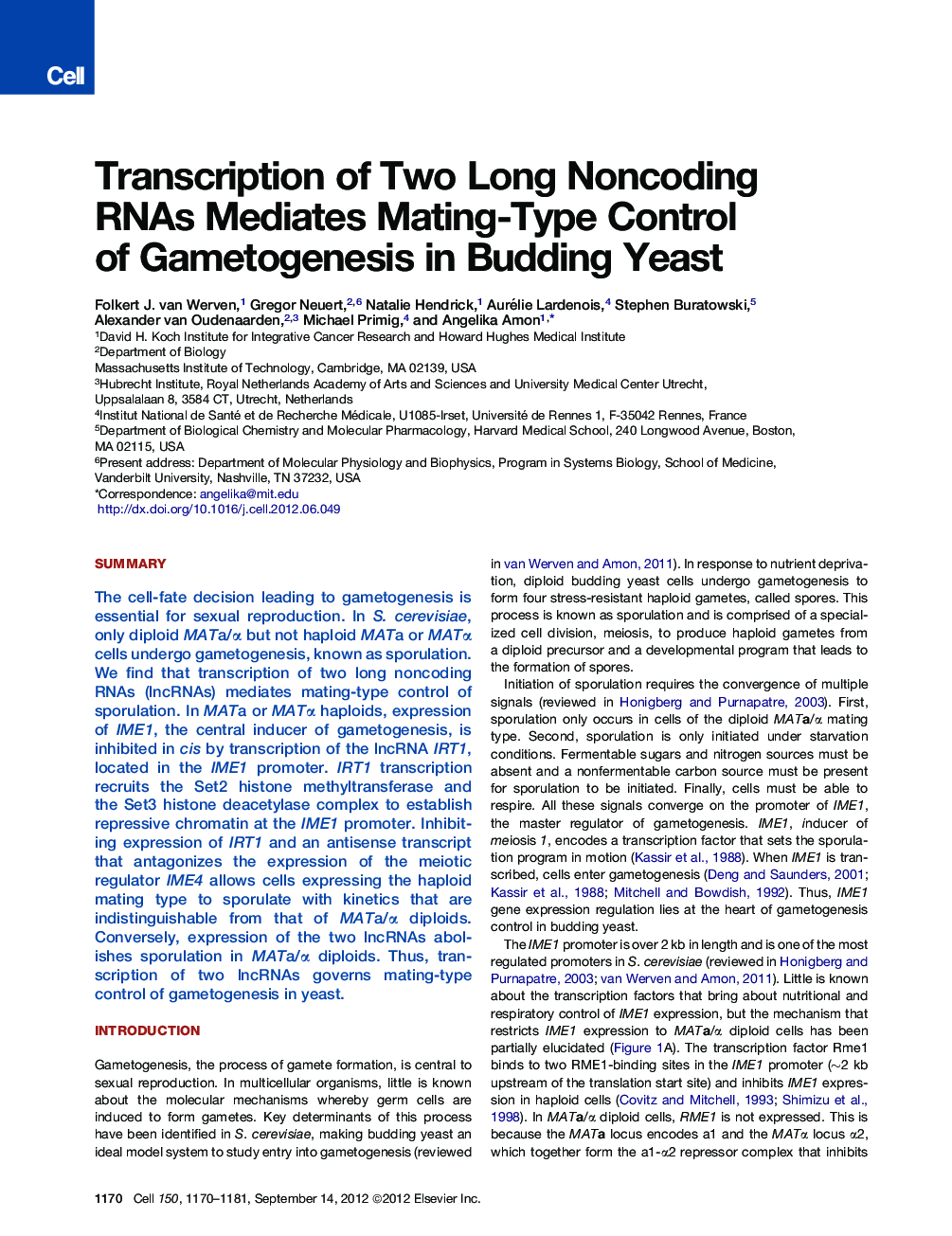 Transcription of Two Long Noncoding RNAs Mediates Mating-Type Control of Gametogenesis in Budding Yeast