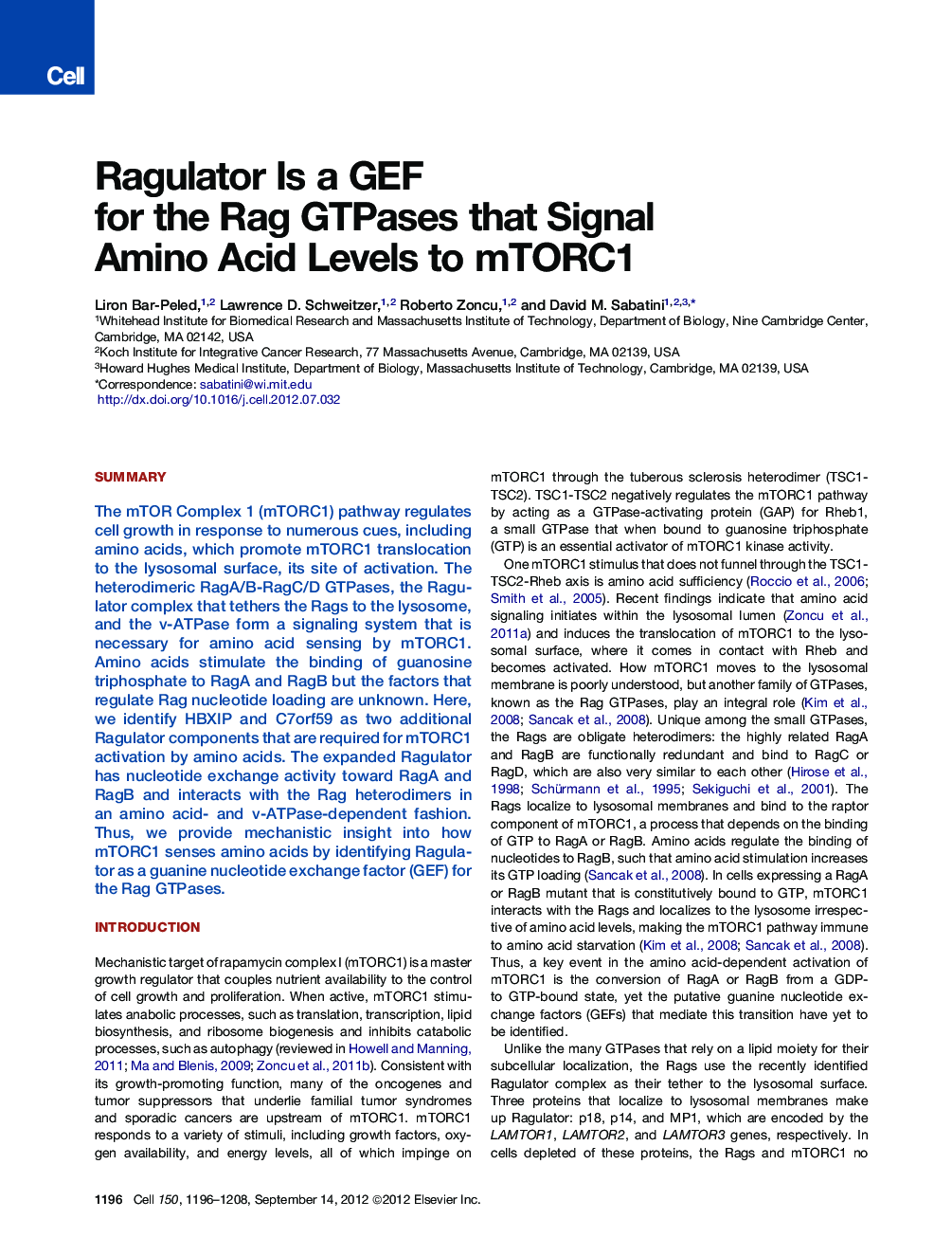 Ragulator Is a GEF for the Rag GTPases that Signal Amino Acid Levels to mTORC1