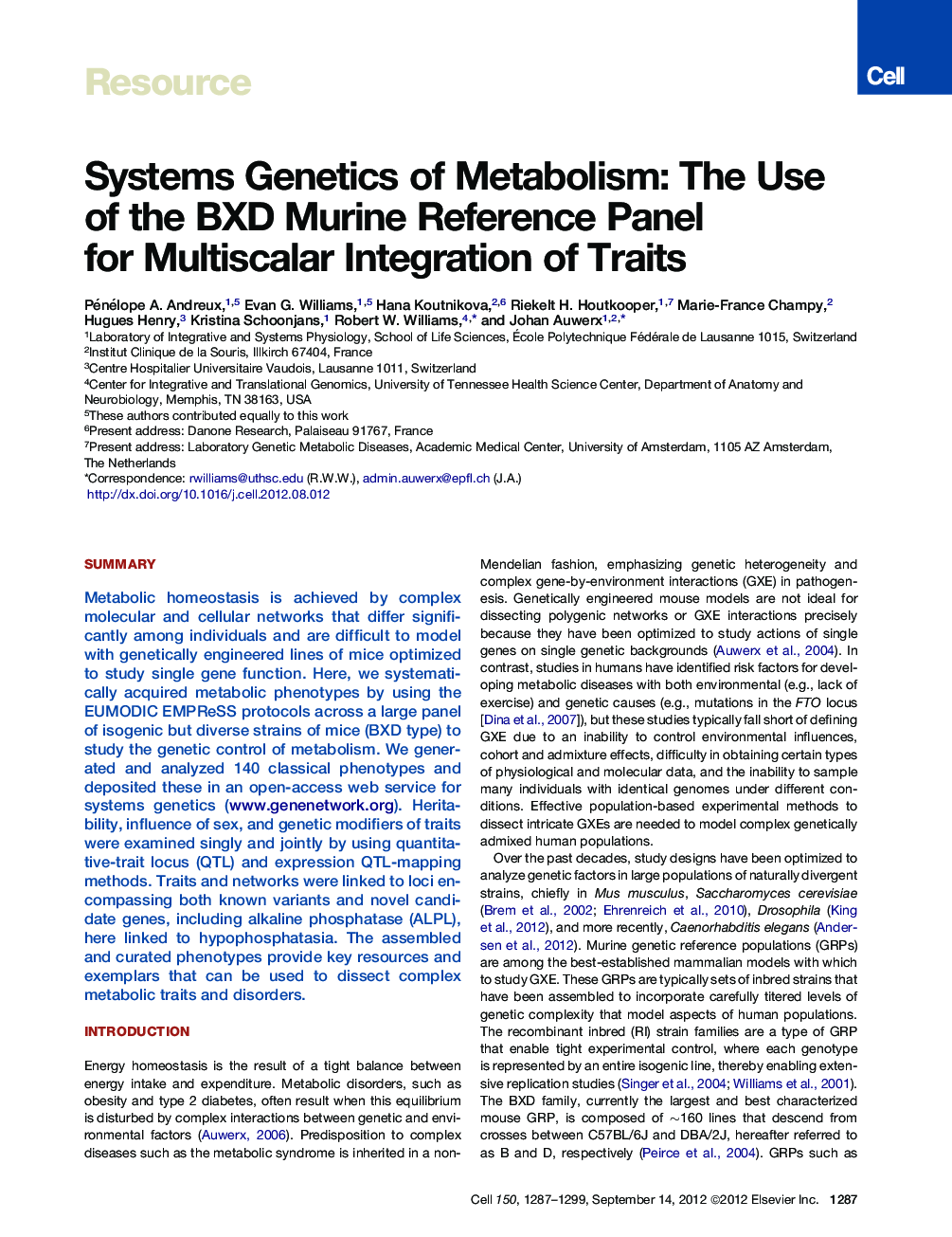 Systems Genetics of Metabolism: The Use of the BXD Murine Reference Panel for Multiscalar Integration of Traits