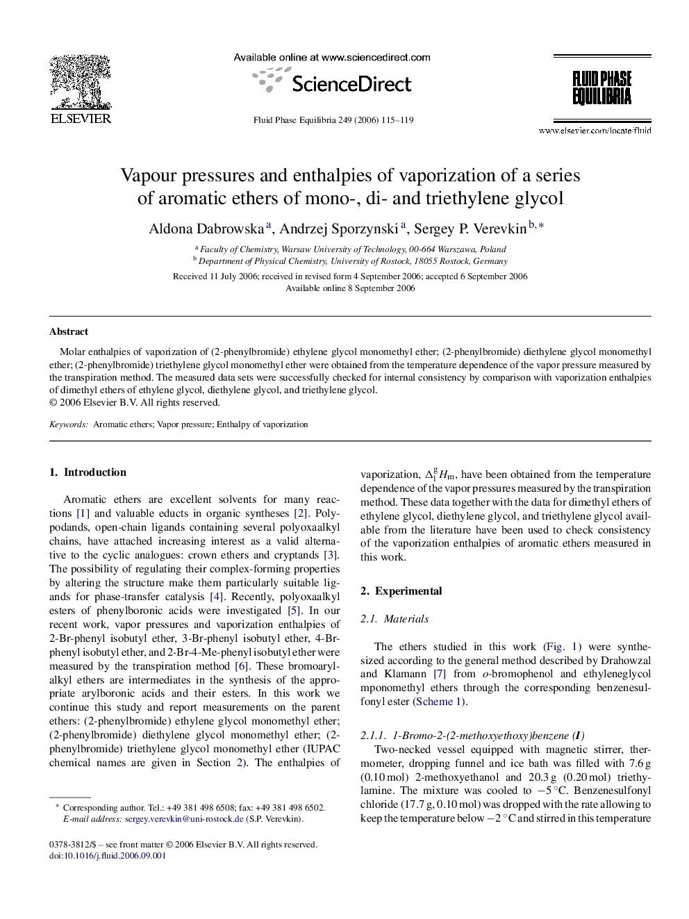 عکس صفحه اول مقاله: Vapour pressures and enthalpies of vaporization of a series of aromatic ethers of mono-, di- and triethylene glycol Vapour pressures and enthalpies of vaporization of a series of aromatic ethers of mono-, di- and triethylene glycol