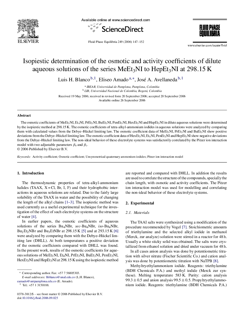 Isopiestic determination of the osmotic and activity coefficients of dilute aqueous solutions of the series MeEt3NI to HepEt3NI at 298.15 K