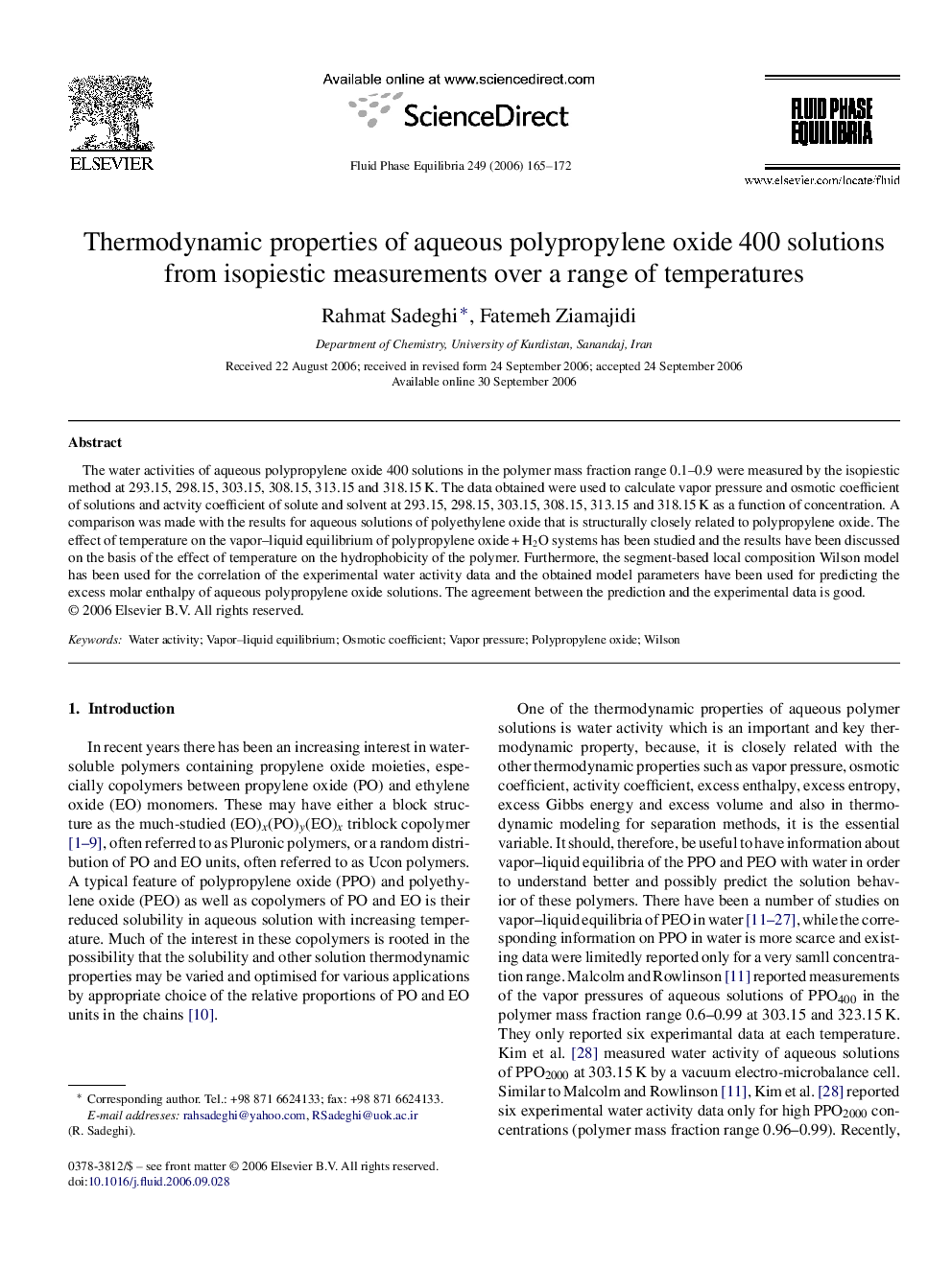 Thermodynamic properties of aqueous polypropylene oxide 400 solutions from isopiestic measurements over a range of temperatures