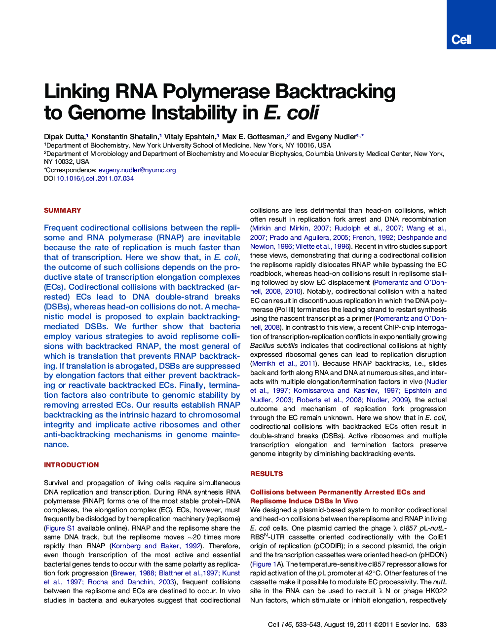 عکس صفحه اول مقاله: Linking RNA Polymerase Backtracking to Genome Instability in E. coli Linking RNA Polymerase Backtracking to Genome Instability in E. coli