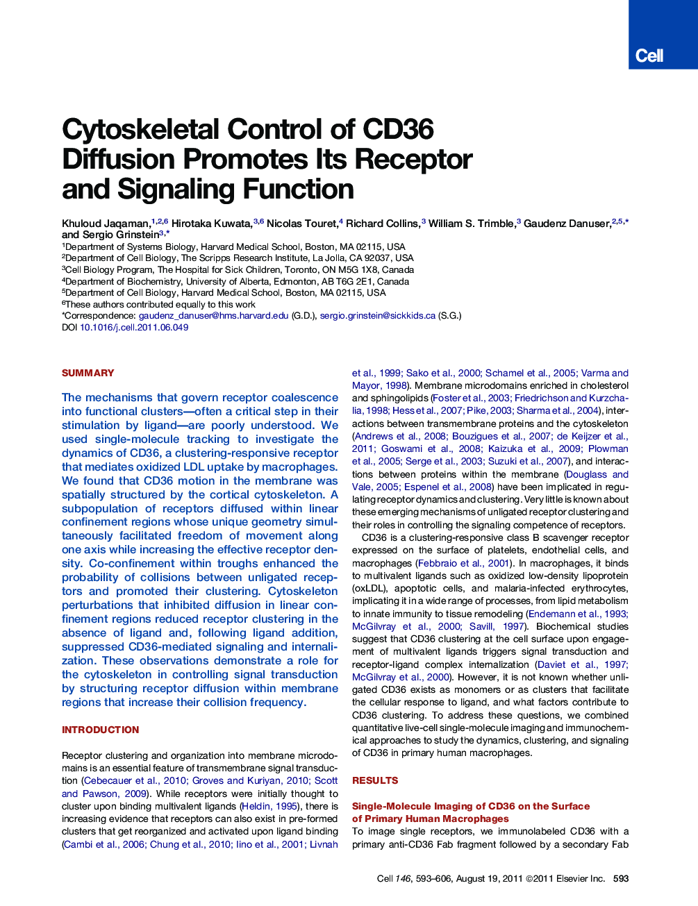 عکس صفحه اول مقاله: Cytoskeletal Control of CD36 Diffusion Promotes Its Receptor and Signaling Function Cytoskeletal Control of CD36 Diffusion Promotes Its Receptor and Signaling Function
