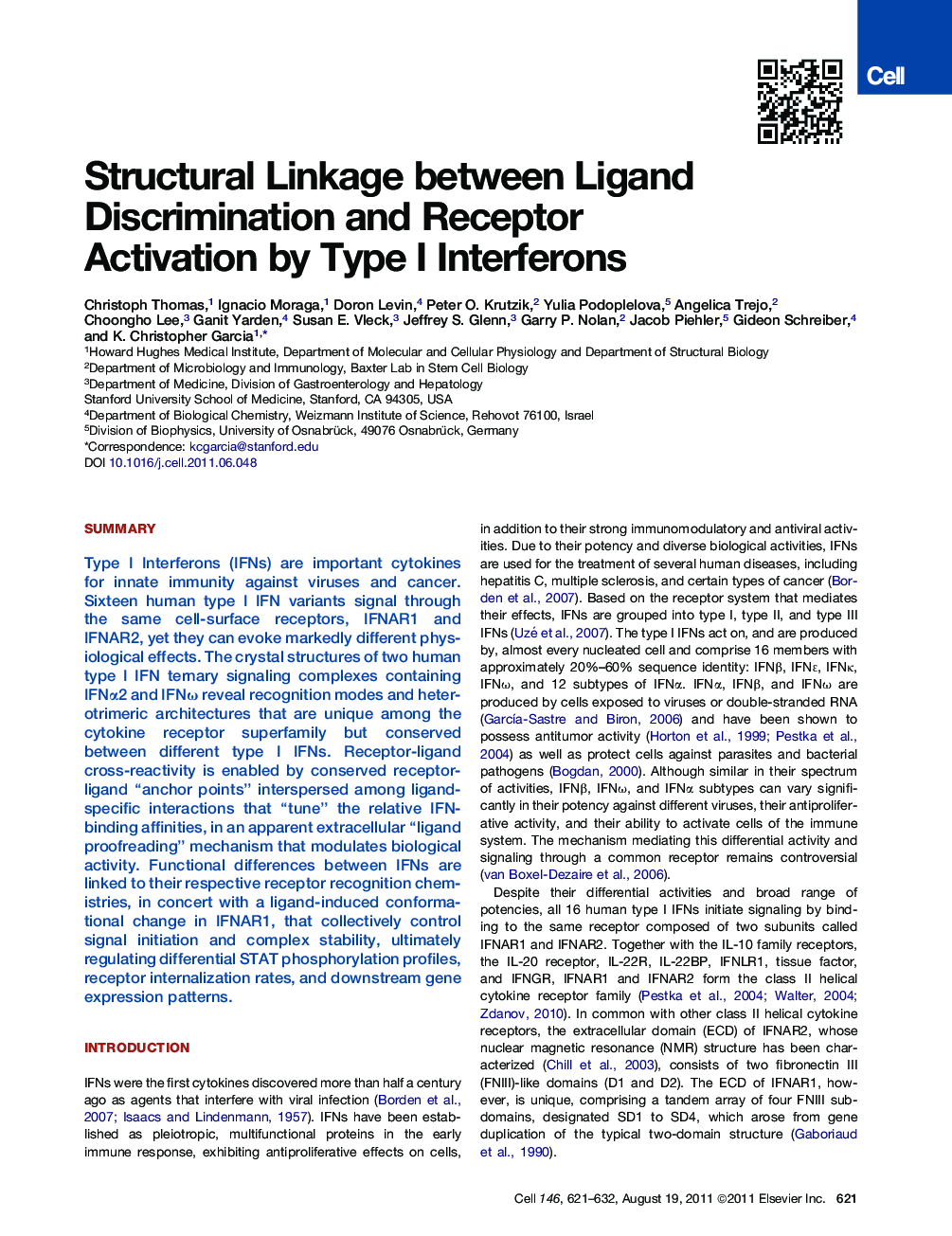 عکس صفحه اول مقاله: Structural Linkage between Ligand Discrimination and Receptor Activation by Type I Interferons Structural Linkage between Ligand Discrimination and Receptor Activation by Type I Interferons