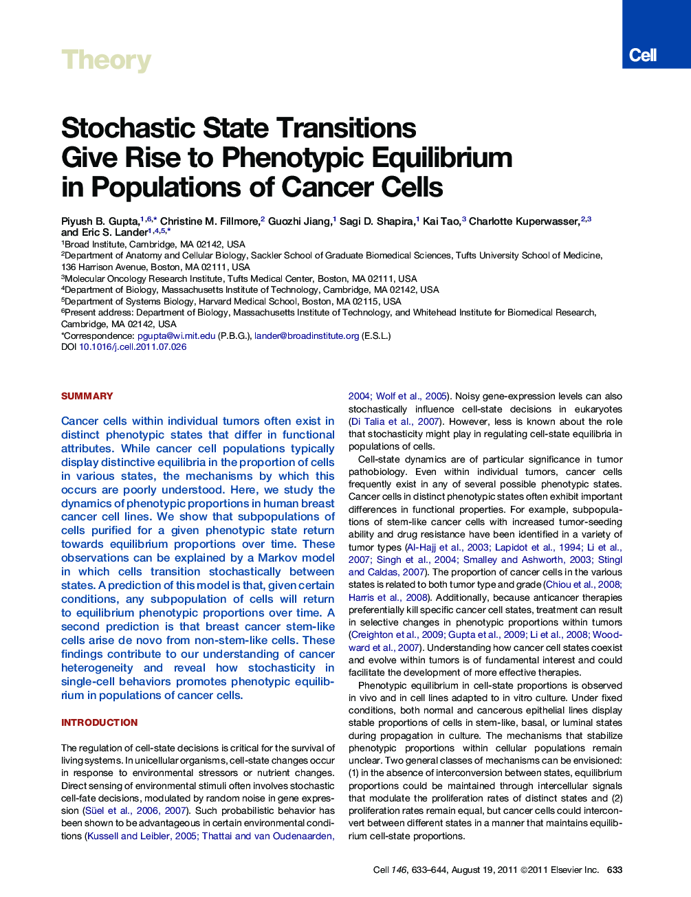 عکس صفحه اول مقاله: Stochastic State Transitions Give Rise to Phenotypic Equilibrium in Populations of Cancer Cells Stochastic State Transitions Give Rise to Phenotypic Equilibrium in Populations of Cancer Cells