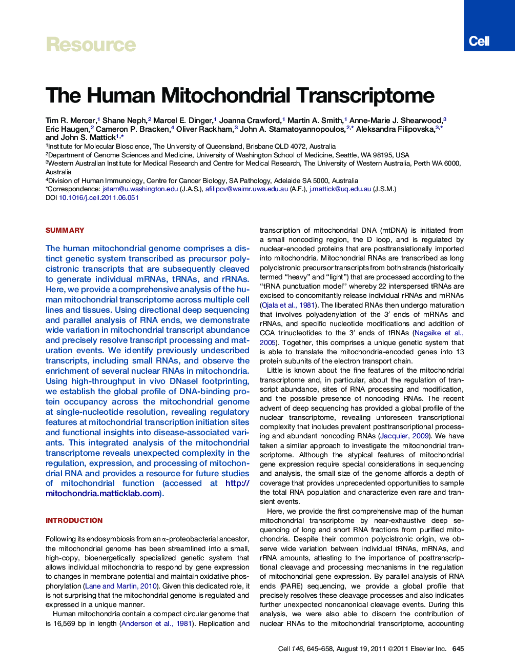 عکس صفحه اول مقاله: The Human Mitochondrial Transcriptome The Human Mitochondrial Transcriptome