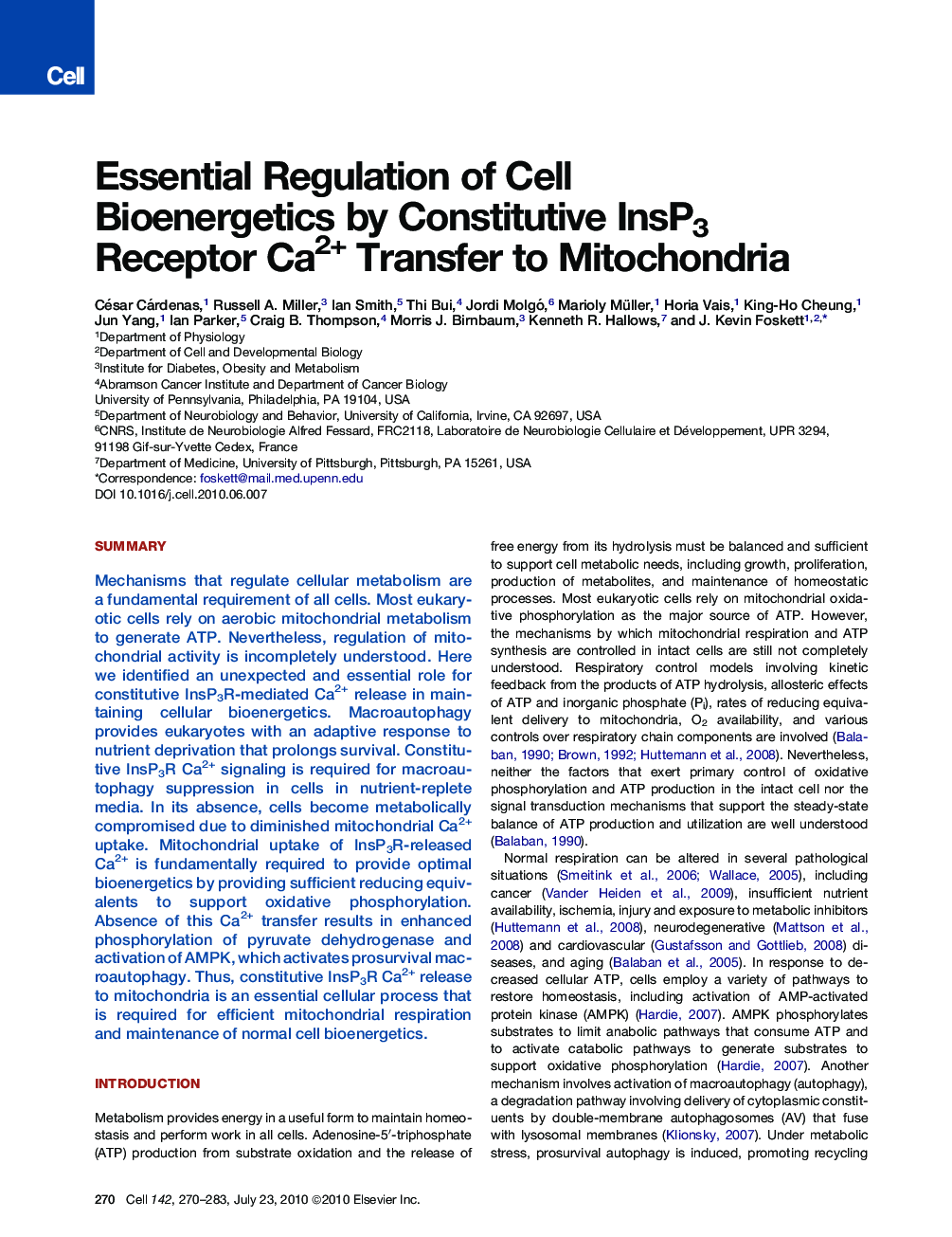 Essential Regulation of Cell Bioenergetics by Constitutive InsP3 Receptor Ca2+ Transfer to Mitochondria