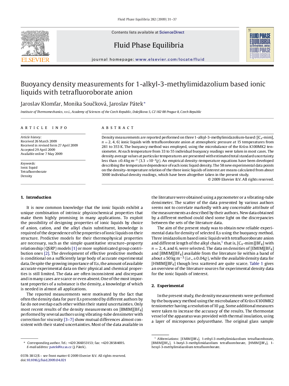 Buoyancy density measurements for 1-alkyl-3-methylimidazolium based ionic liquids with tetrafluoroborate anion