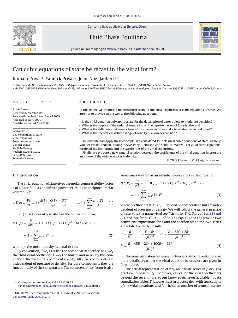 عکس صفحه اول مقاله: Can cubic equations of state be recast in the virial form? Can cubic equations of state be recast in the virial form?