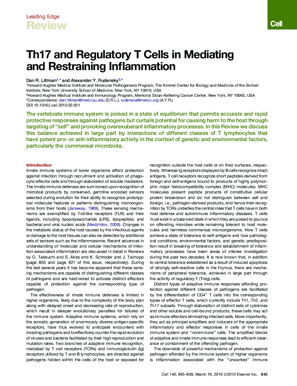 Th17 and Regulatory T Cells in Mediating and Restraining Inflammation
