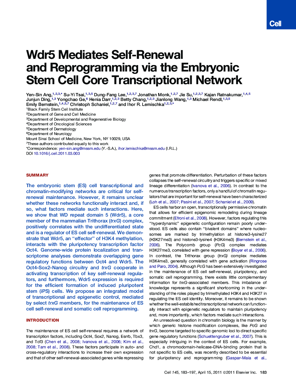 عکس صفحه اول مقاله: Wdr5 Mediates Self-Renewal and Reprogramming via the Embryonic Stem Cell Core Transcriptional Network Wdr5 Mediates Self-Renewal and Reprogramming via the Embryonic Stem Cell Core Transcriptional Network