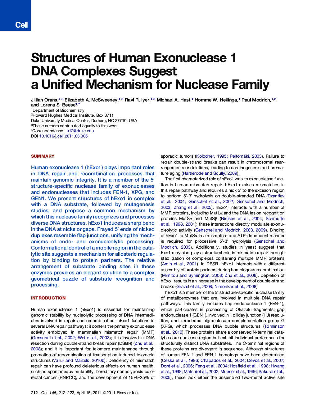 عکس صفحه اول مقاله: Structures of Human Exonuclease 1 DNA Complexes Suggest a Unified Mechanism for Nuclease Family Structures of Human Exonuclease 1 DNA Complexes Suggest a Unified Mechanism for Nuclease Family
