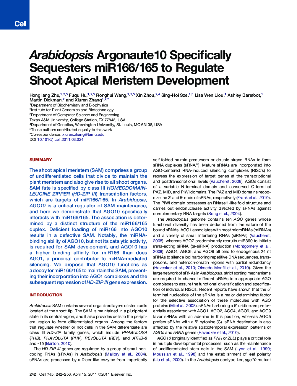 عکس صفحه اول مقاله: Arabidopsis Argonaute10 Specifically Sequesters miR166/165 to Regulate Shoot Apical Meristem Development Arabidopsis Argonaute10 Specifically Sequesters miR166/165 to Regulate Shoot Apical Meristem Development
