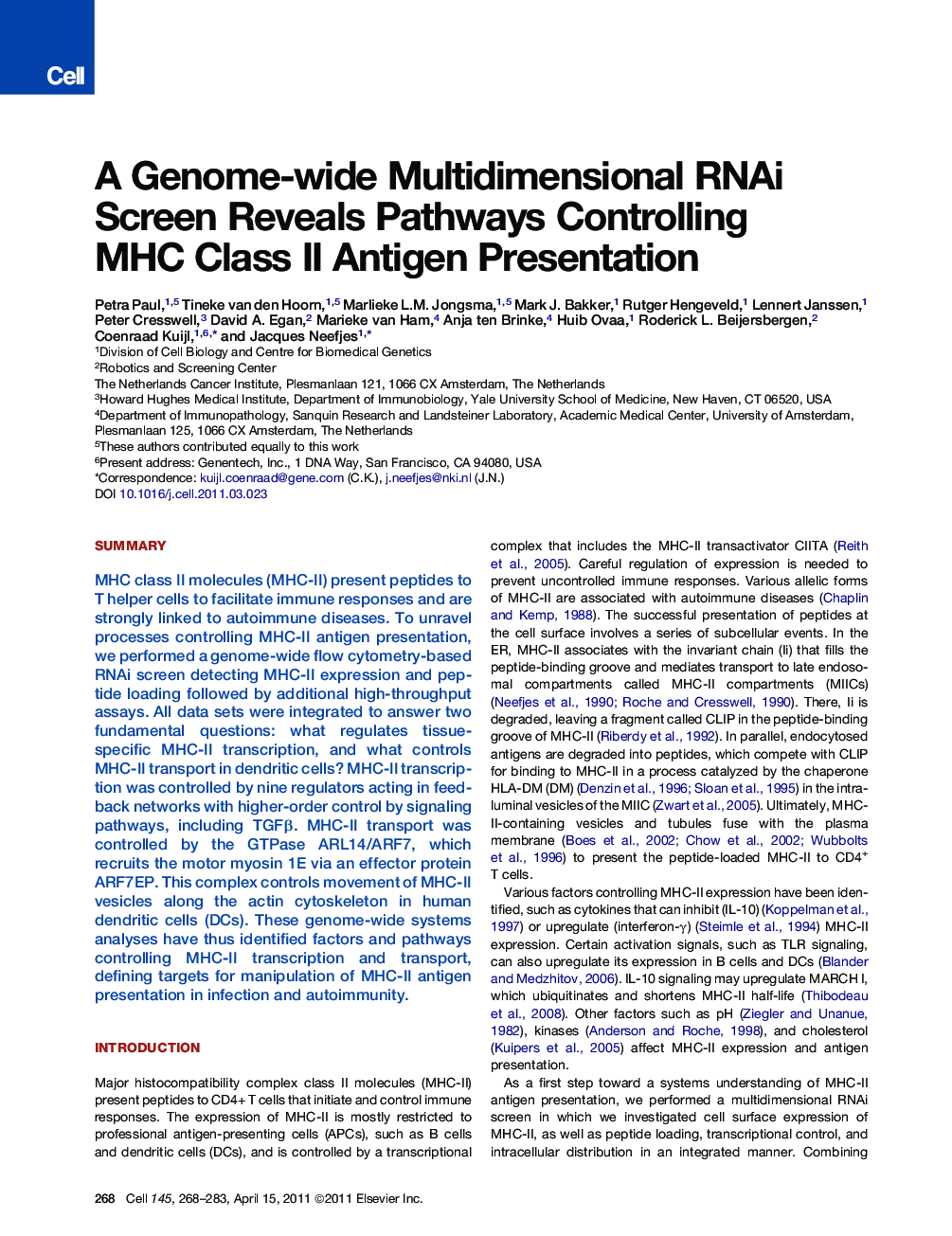 عکس صفحه اول مقاله: A Genome-wide Multidimensional RNAi Screen Reveals Pathways Controlling MHC Class II Antigen Presentation A Genome-wide Multidimensional RNAi Screen Reveals Pathways Controlling MHC Class II Antigen Presentation
