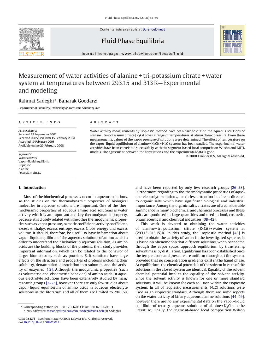 Measurement of water activities of alanine + tri-potassium citrate + water system at temperatures between 293.15 and 313 K—Experimental and modeling