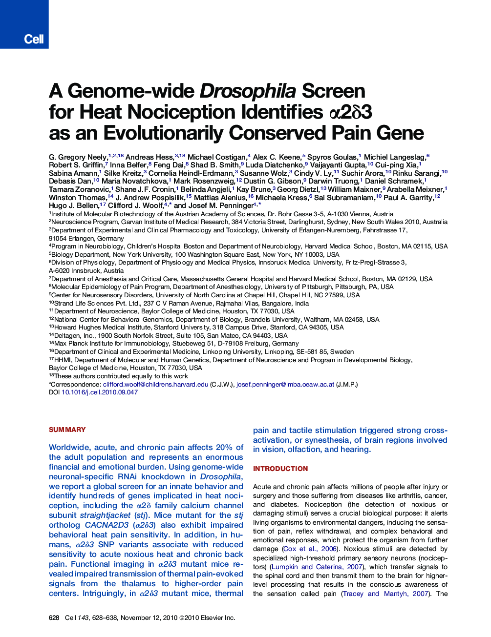 عکس صفحه اول مقاله: A Genome-wide Drosophila Screen for Heat Nociception Identifies α2δ3 as an Evolutionarily Conserved Pain Gene A Genome-wide Drosophila Screen for Heat Nociception Identifies α2δ3 as an Evolutionarily Conserved Pain Gene