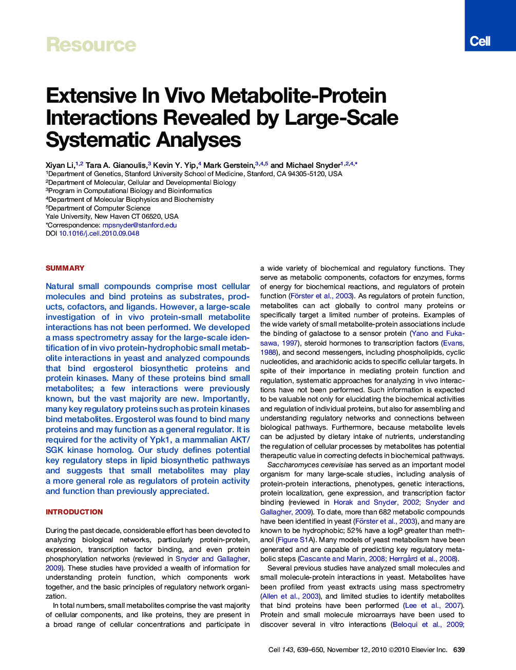 عکس صفحه اول مقاله: Extensive In Vivo Metabolite-Protein Interactions Revealed by Large-Scale Systematic Analyses Extensive In Vivo Metabolite-Protein Interactions Revealed by Large-Scale Systematic Analyses