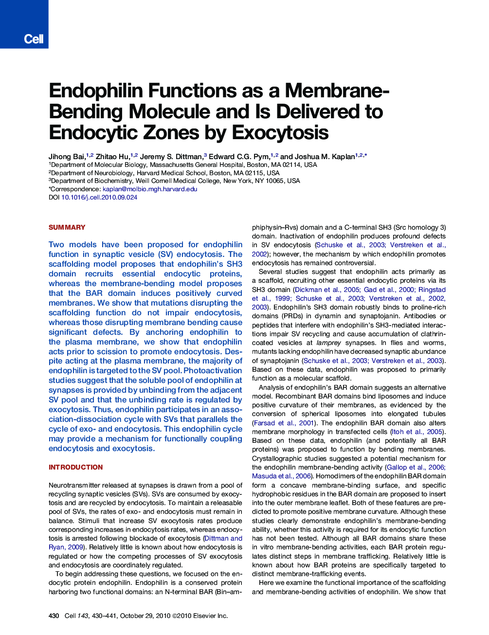 Endophilin Functions as a Membrane-Bending Molecule and Is Delivered to Endocytic Zones by Exocytosis