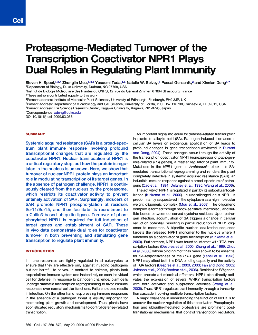 Proteasome-Mediated Turnover of the Transcription Coactivator NPR1 Plays Dual Roles in Regulating Plant Immunity