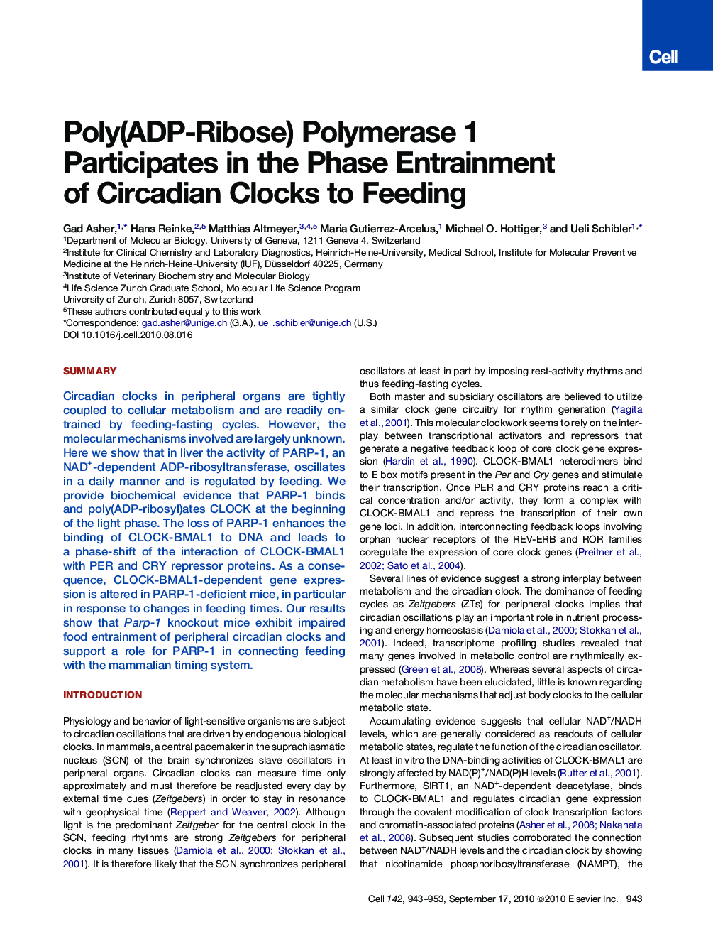 Poly(ADP-Ribose) Polymerase 1 Participates in the Phase Entrainment of Circadian Clocks to Feeding