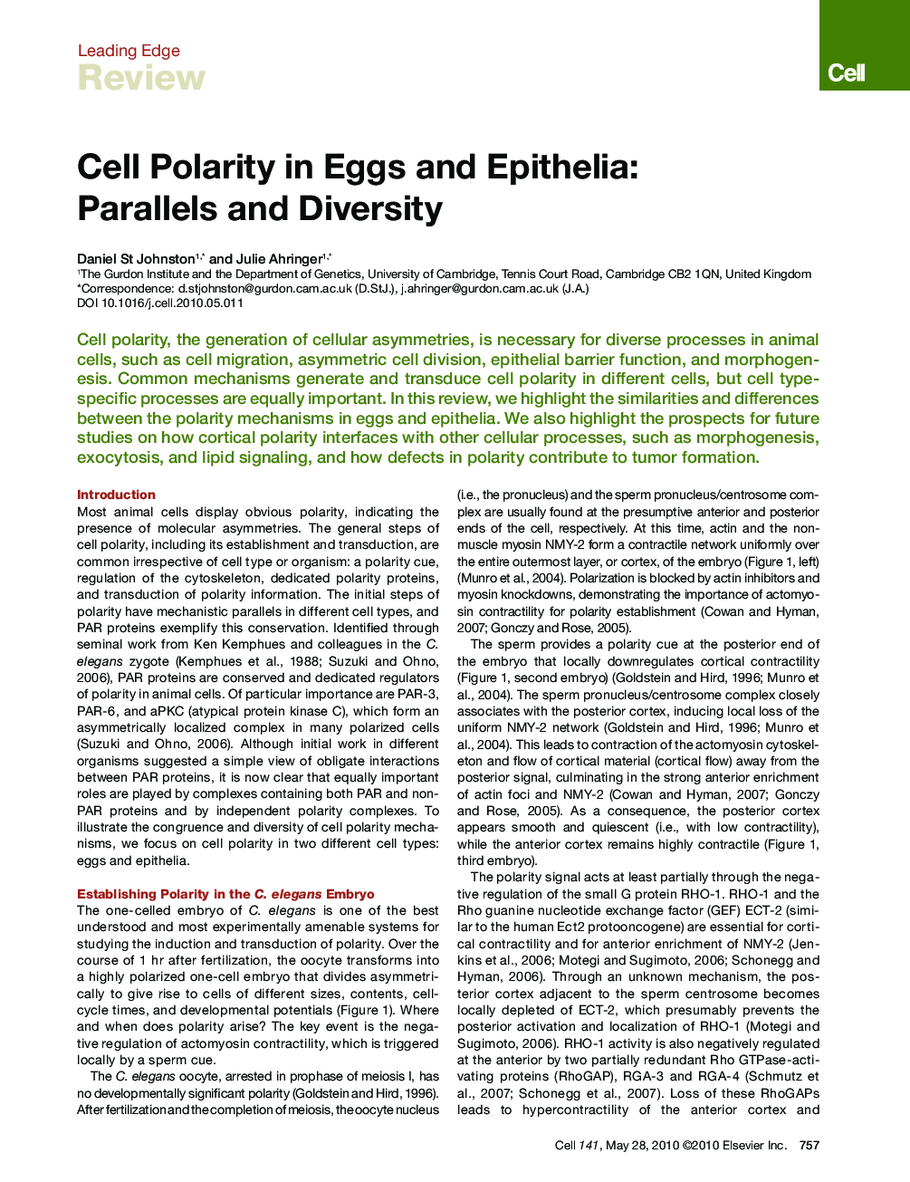 Cell Polarity in Eggs and Epithelia: Parallels and Diversity