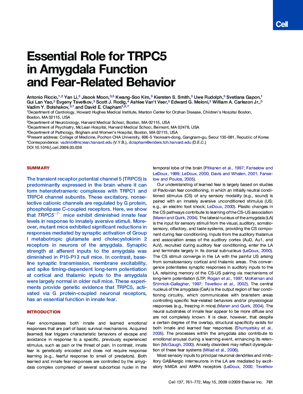 Essential Role for TRPC5 in Amygdala Function and Fear-Related Behavior