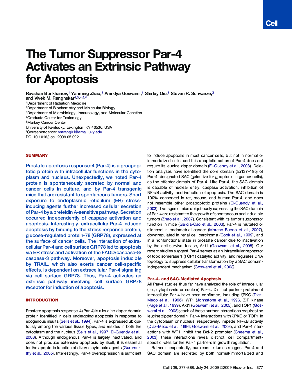 The Tumor Suppressor Par-4 Activates an Extrinsic Pathway for Apoptosis