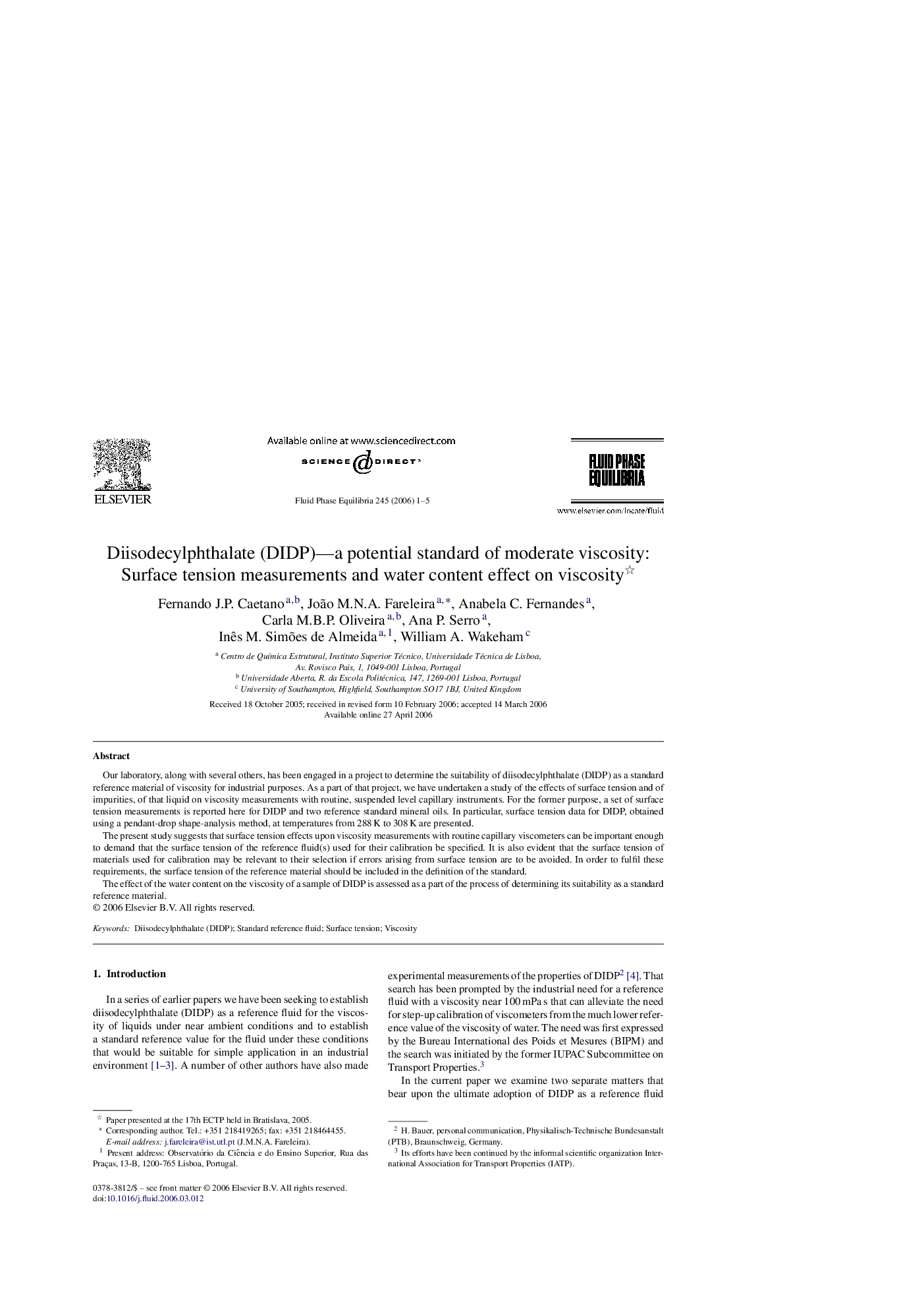 عکس صفحه اول مقاله: Diisodecylphthalate (DIDP)—a potential standard of moderate viscosity: Surface tension measurements and water content effect on viscosity Diisodecylphthalate (DIDP)—a potential standard of moderate viscosity: Surface tension measurements and water content effect on viscosity