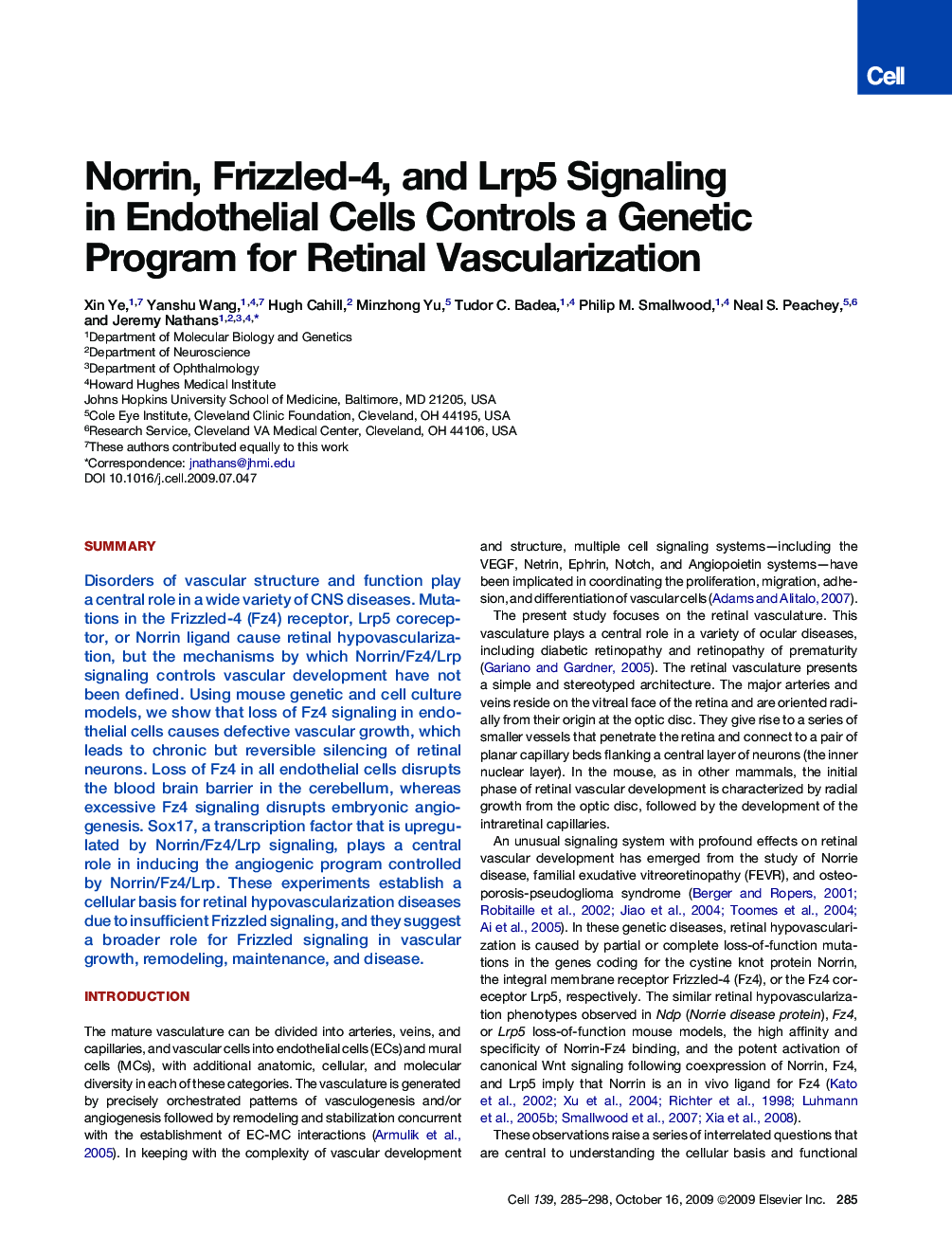 Norrin, Frizzled-4, and Lrp5 Signaling in Endothelial Cells Controls a Genetic Program for Retinal Vascularization