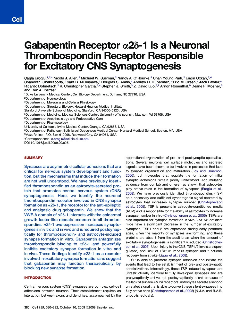 Gabapentin Receptor α2δ-1 Is a Neuronal Thrombospondin Receptor Responsible for Excitatory CNS Synaptogenesis