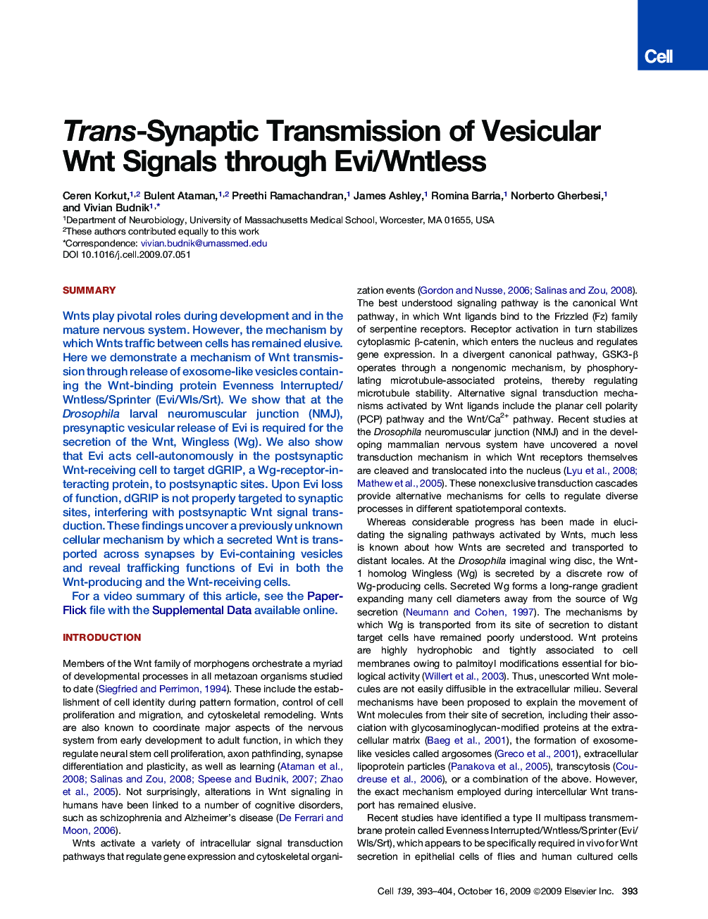 Trans-Synaptic Transmission of Vesicular Wnt Signals through Evi/Wntless