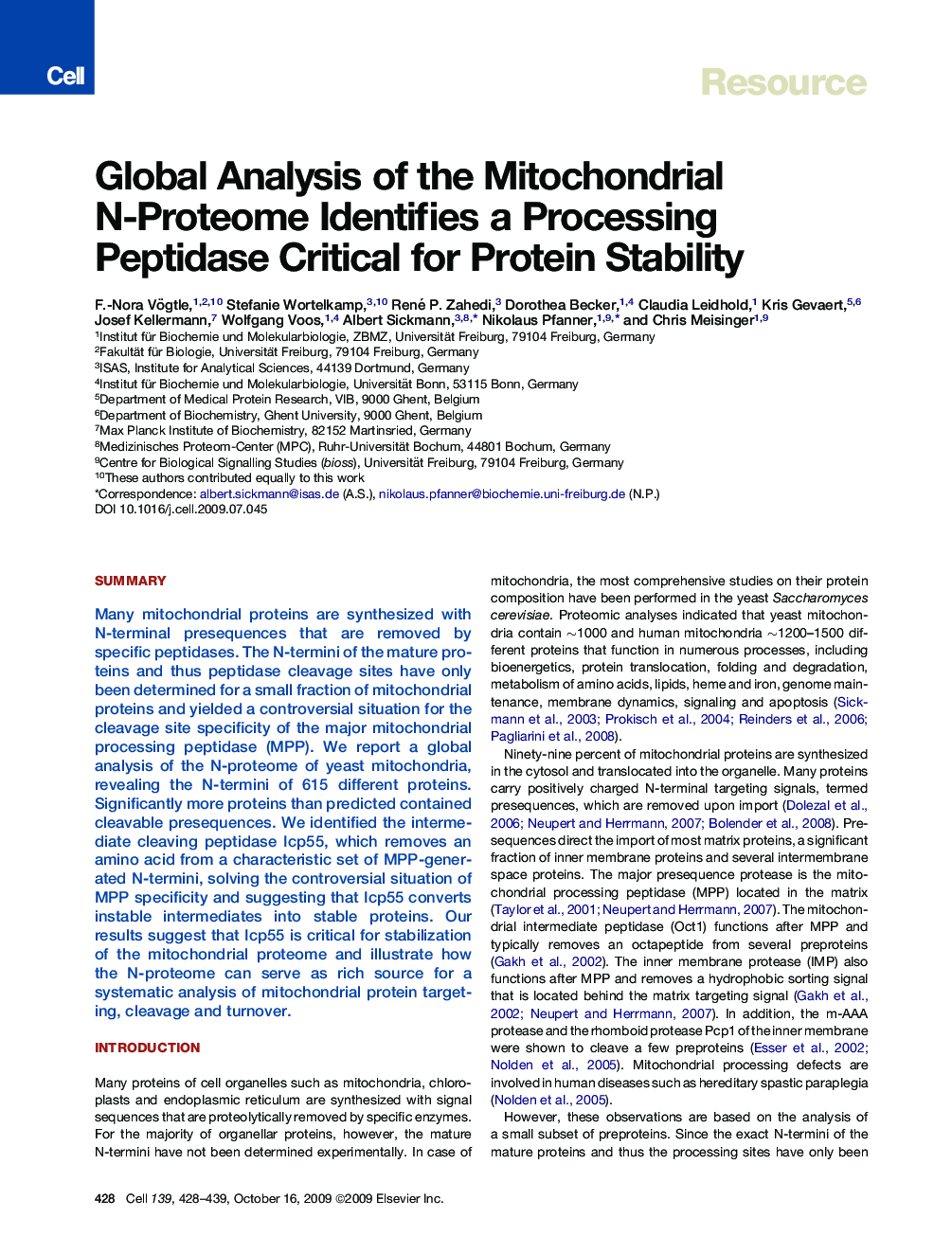 Global Analysis of the Mitochondrial N-Proteome Identifies a Processing Peptidase Critical for Protein Stability