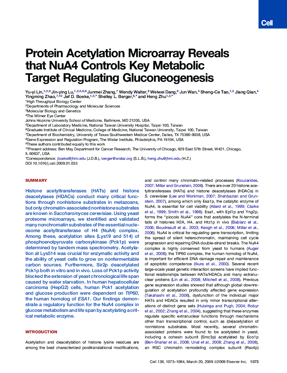 Protein Acetylation Microarray Reveals that NuA4 Controls Key Metabolic Target Regulating Gluconeogenesis