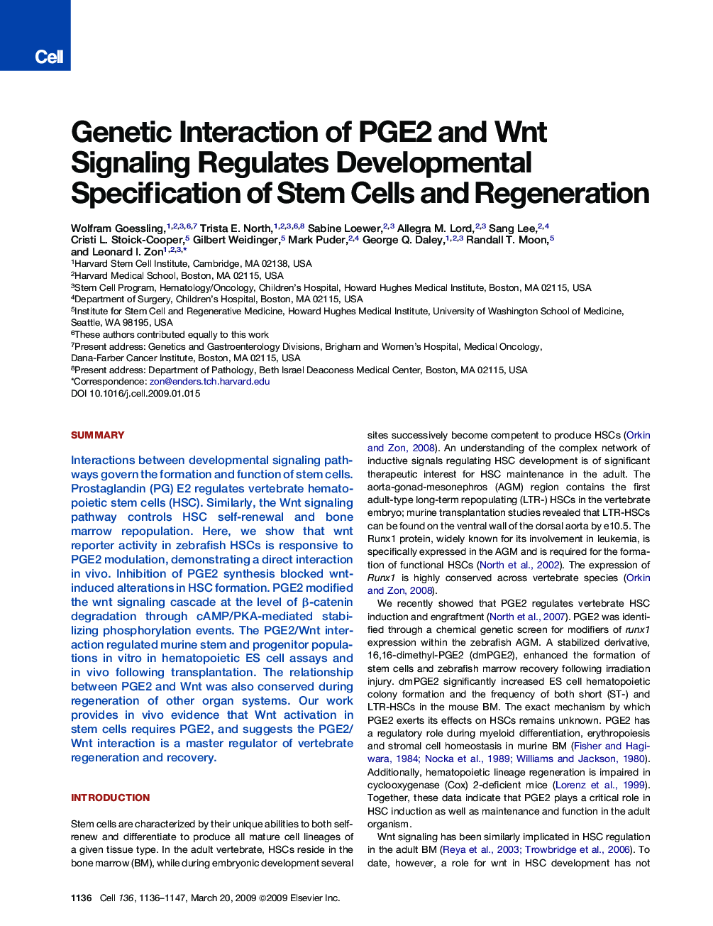 Genetic Interaction of PGE2 and Wnt Signaling Regulates Developmental Specification of Stem Cells and Regeneration