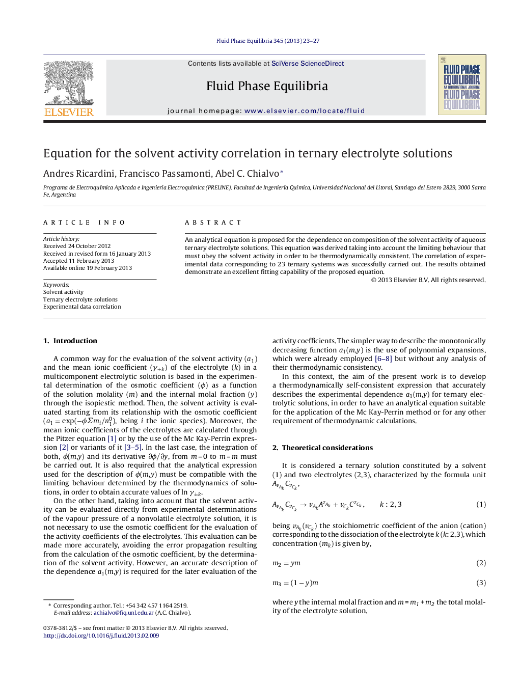 Equation for the solvent activity correlation in ternary electrolyte solutions