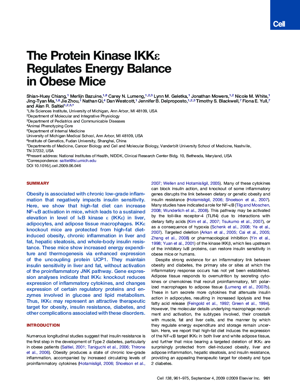 The Protein Kinase IKKɛ Regulates Energy Balance in Obese Mice